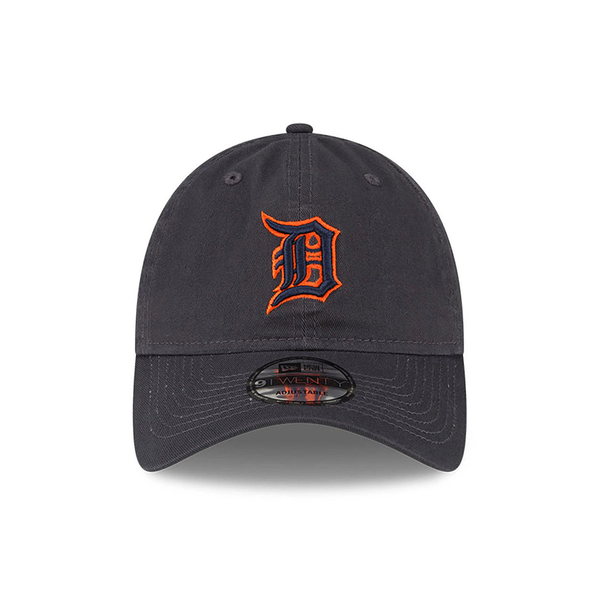Detroit Tigers MLB Core Classic Dark Grey New Era 9TWENTY Adjustable Cap, front view showing the orange raised embroidered D logo on the crown, with a curved visor and 9TWENTY size sticker on the black undervisor.