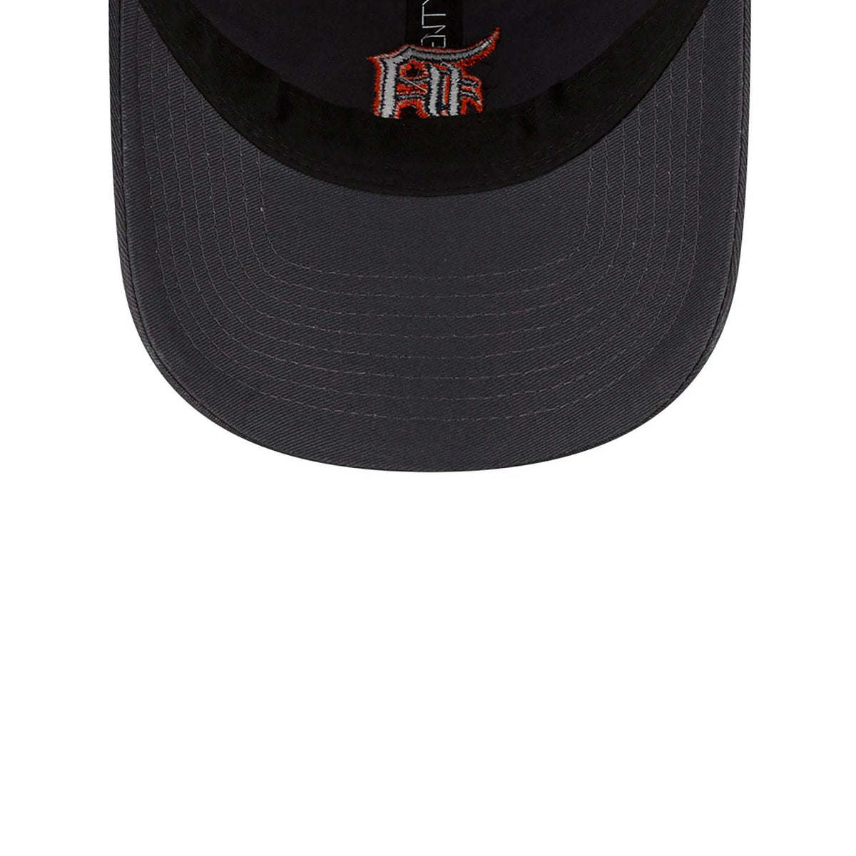 Detroit Tigers MLB Core Classic Dark Grey New Era 9TWENTY Adjustable Cap, top view showing the orange and white embroidered Detroit D logo on the front panel and dark grey curved visor with stitching.
