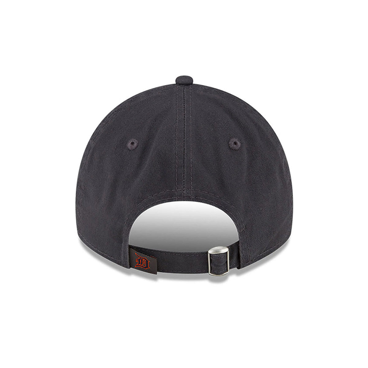 Detroit Tigers MLB Core Classic Dark Grey New Era 9TWENTY Adjustable Cap, rear view showing the red embroidered Tigers logo on the black strap, a silver buckle closure, and a rounded dark grey crown with matching eyelets and top button.