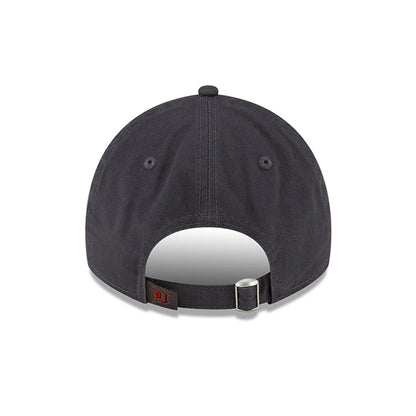 Detroit Tigers MLB Core Classic Dark Grey New Era 9TWENTY Adjustable Cap, rear view showing the red embroidered Tigers logo on the black strap, a silver buckle closure, and a rounded dark grey crown with matching eyelets and top button.