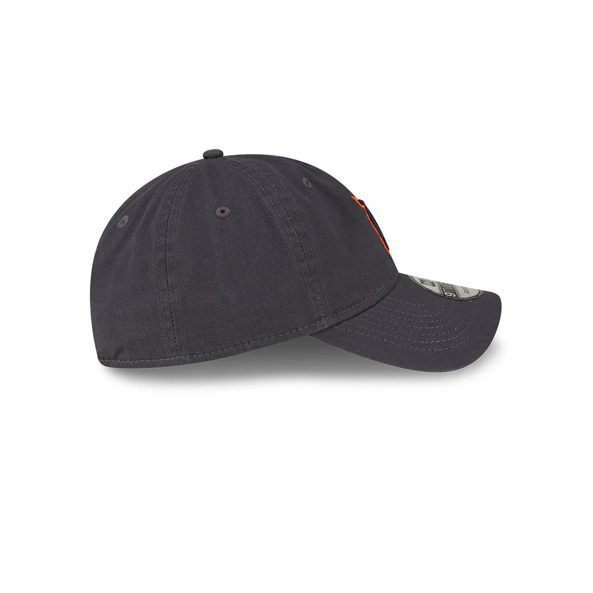 Detroit Tigers MLB Core Classic Dark Grey New Era 9TWENTY Adjustable Cap, side view showing the curved visor, 9TWENTY size sticker, and orange embroidered team logo on the front panel with an unstructured crown.