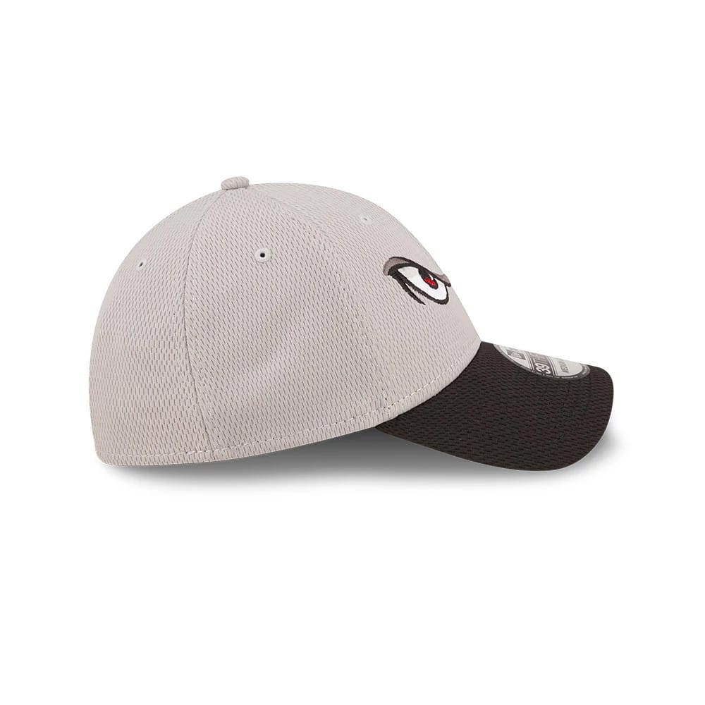 Pictured is this MiLB Batting Practice Lake Elsinore Storm 39THIRTY Stretch Fit cap in light grey. 6