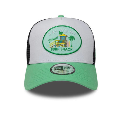 Pictured is this New Era Location Icon 9FORTY A-Frame Trucker Adjustable cap in open green. 2