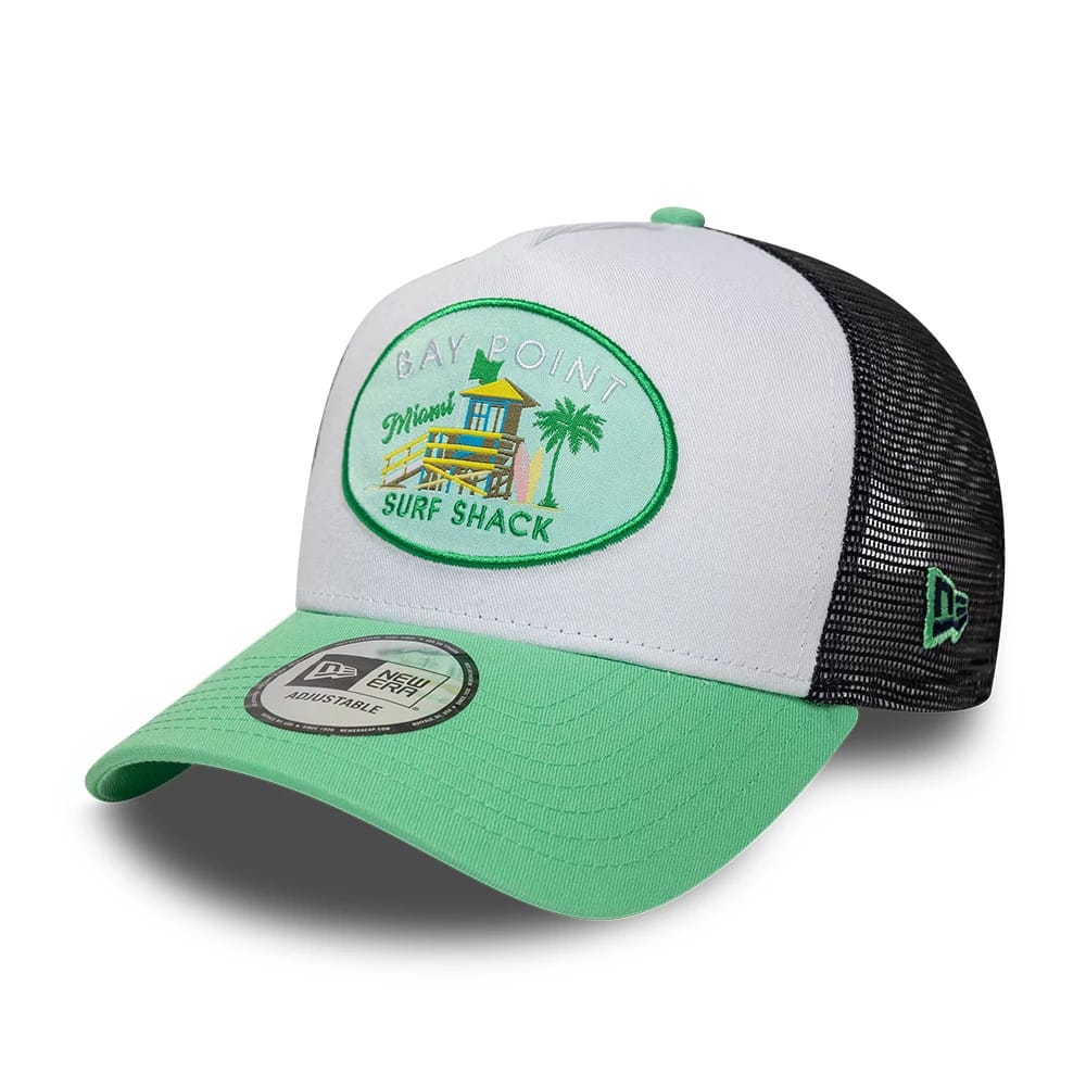 Pictured is this New Era Location Icon 9FORTY A-Frame Trucker Adjustable cap in open green. 1