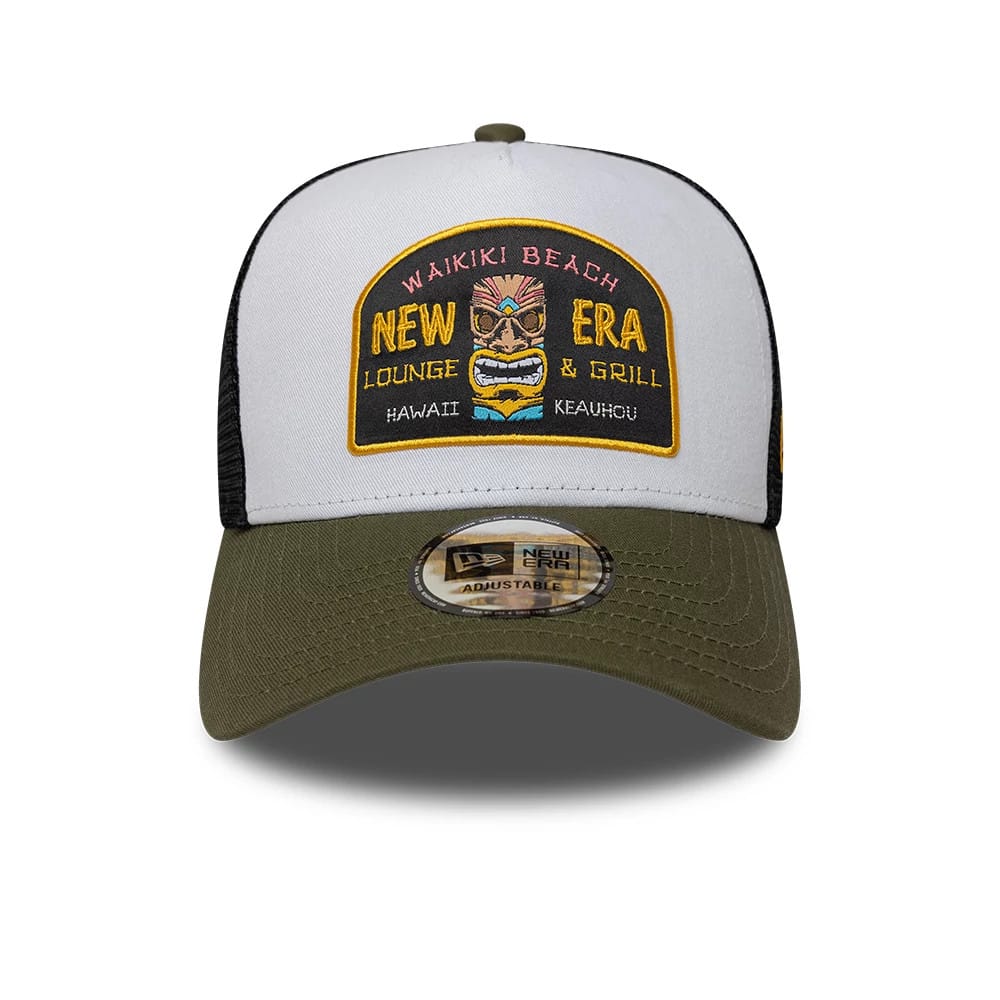 Pictured is this New Era Location Icon 9FORTY A-Frame Trucker Adjustable cap in green. 2