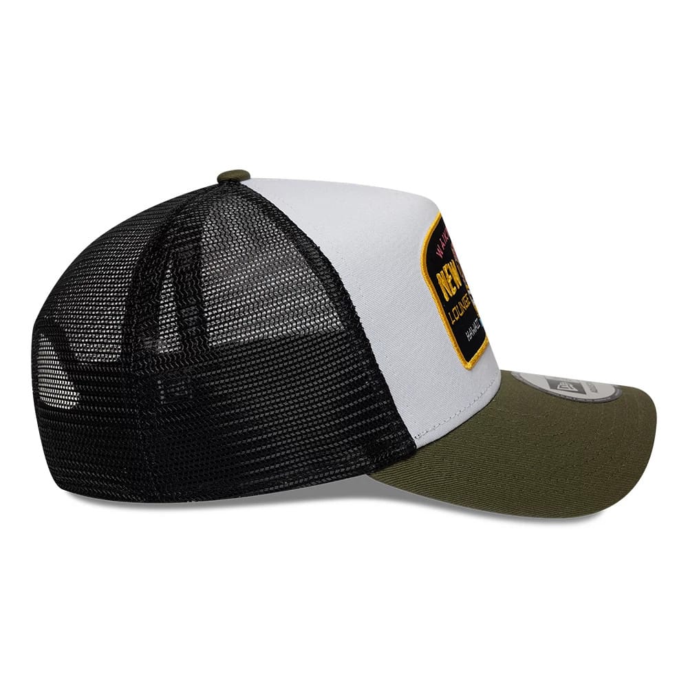 Pictured is this New Era Location Icon 9FORTY A-Frame Trucker Adjustable cap in green. 5