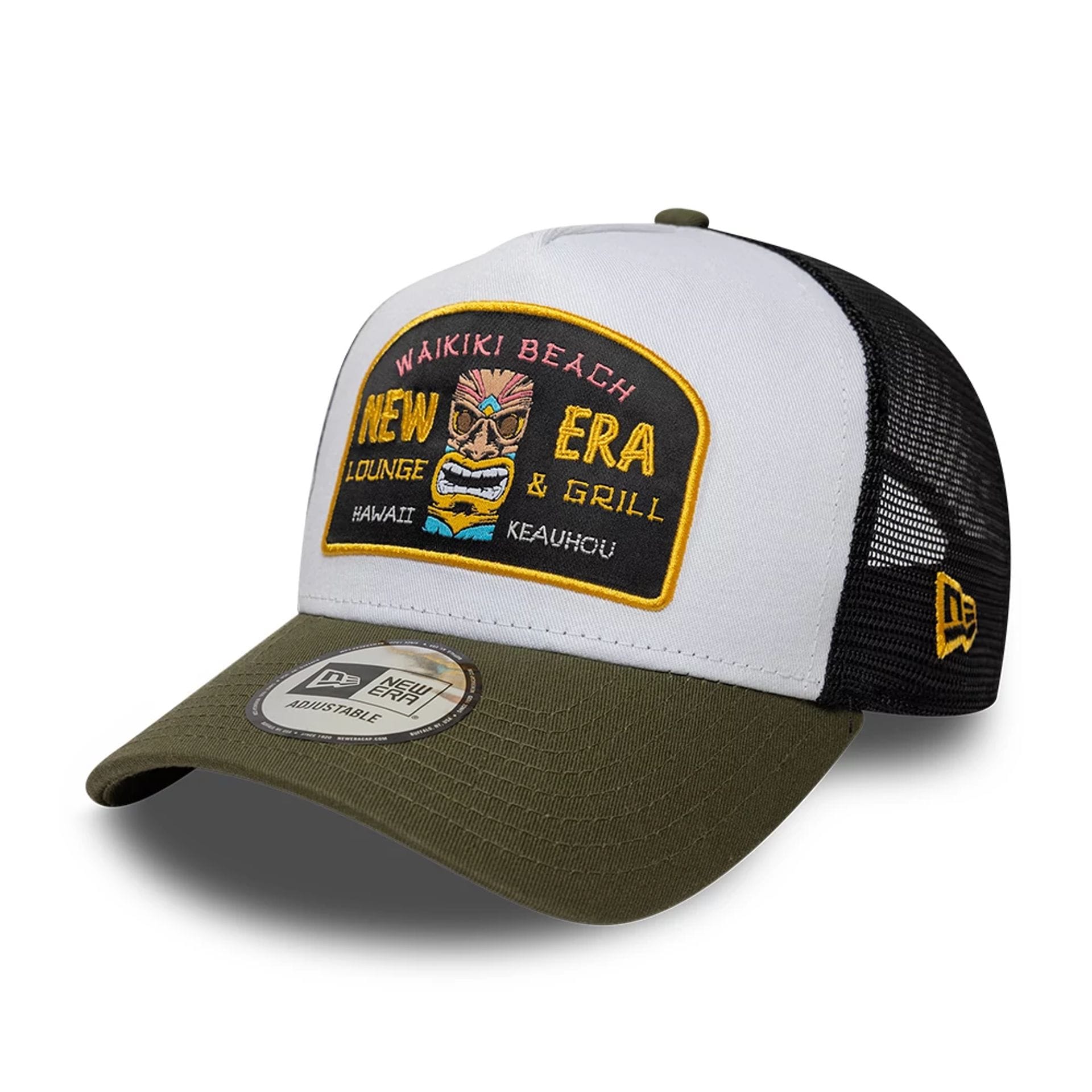 Pictured is this New Era Location Icon 9FORTY A-Frame Trucker Adjustable cap in green. 1