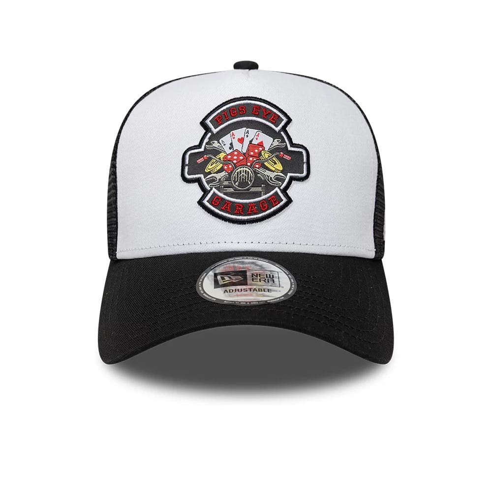 Pictured is this New Era Location Icon 9FORTY A-Frame Trucker Adjustable cap in black. 2