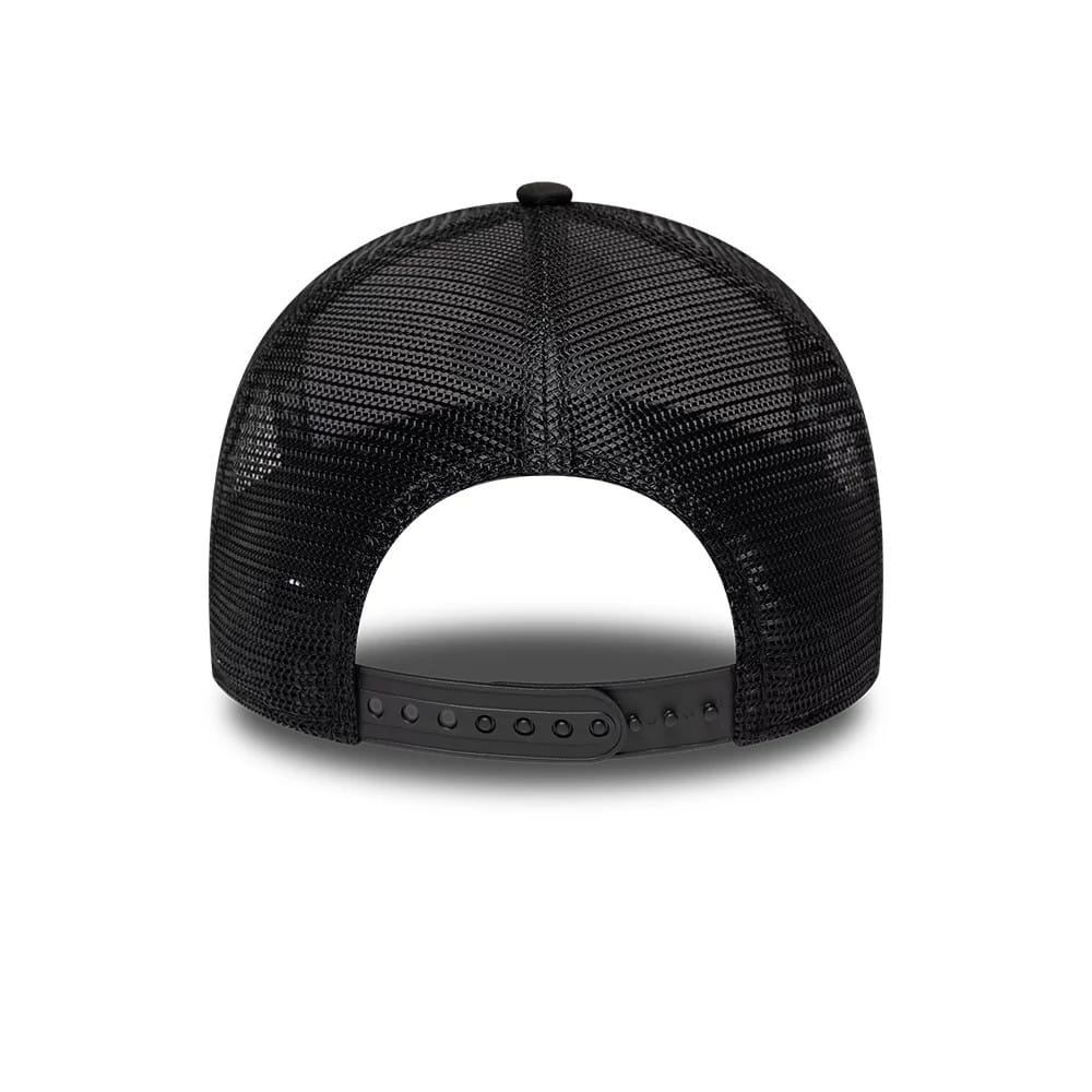 Pictured is this New Era Location Icon 9FORTY A-Frame Trucker Adjustable cap in black. 6