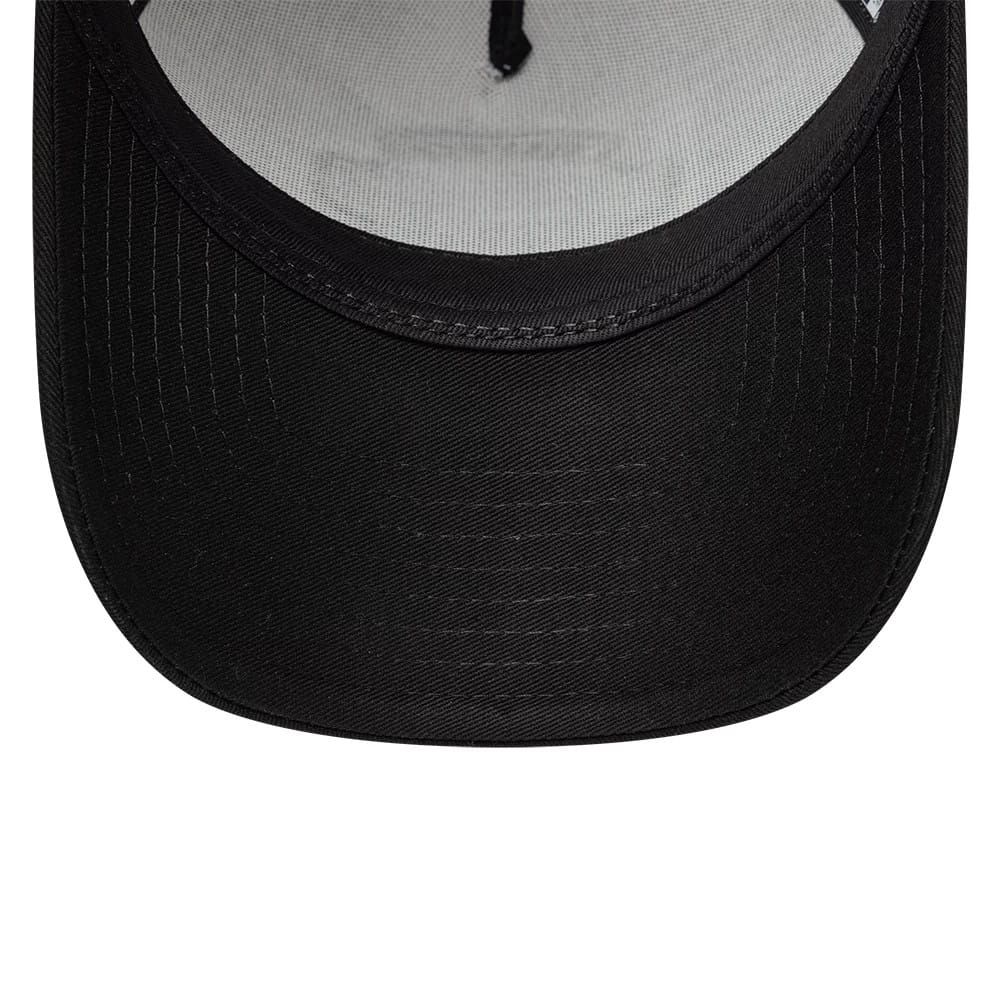 Pictured is this New Era Location Icon 9FORTY A-Frame Trucker Adjustable cap in black. 7