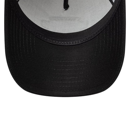 Pictured is this New Era Location Icon 9FORTY A-Frame Trucker Adjustable cap in black. 7