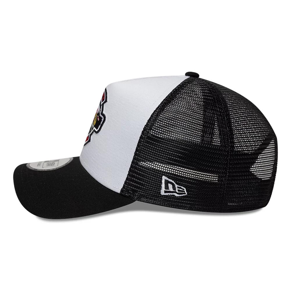 Pictured is this New Era Location Icon 9FORTY A-Frame Trucker Adjustable cap in black. 4