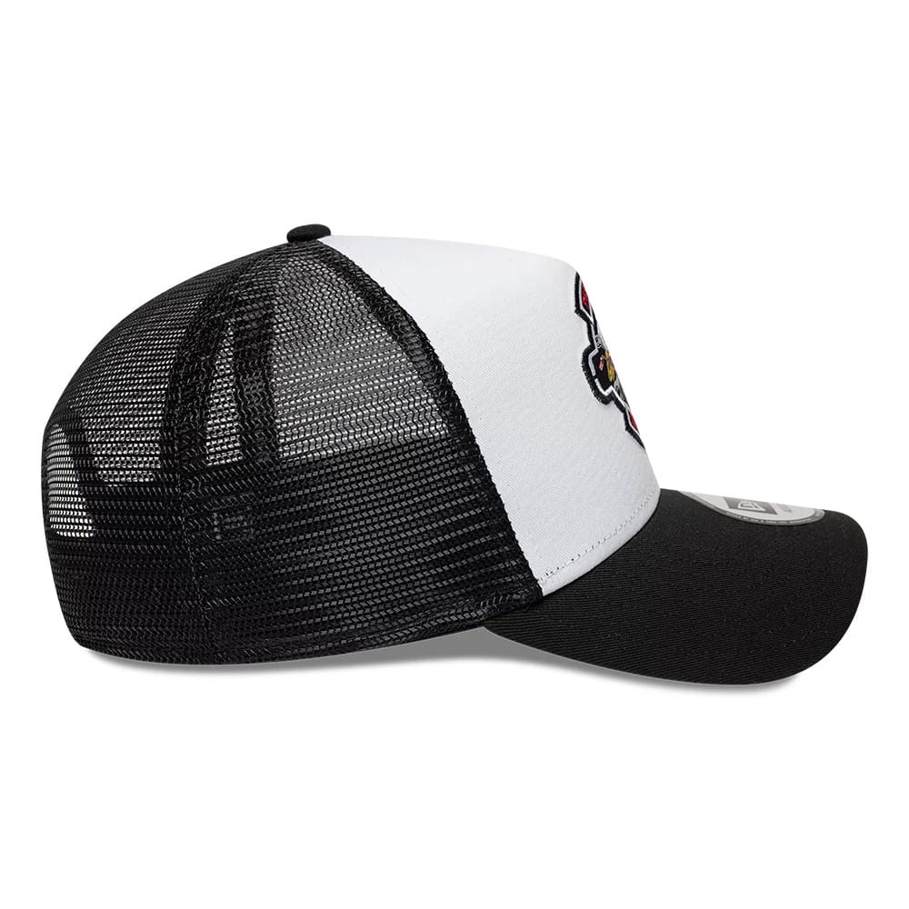Pictured is this New Era Location Icon 9FORTY A-Frame Trucker Adjustable cap in black. 5