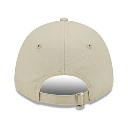 New York Yankees Womens League Essential Light Beige New Era 9FORTY Adjustable Cap, rear view showing the metal buckle closure on the adjustable strap and embroidered eyelets on a light beige crown.