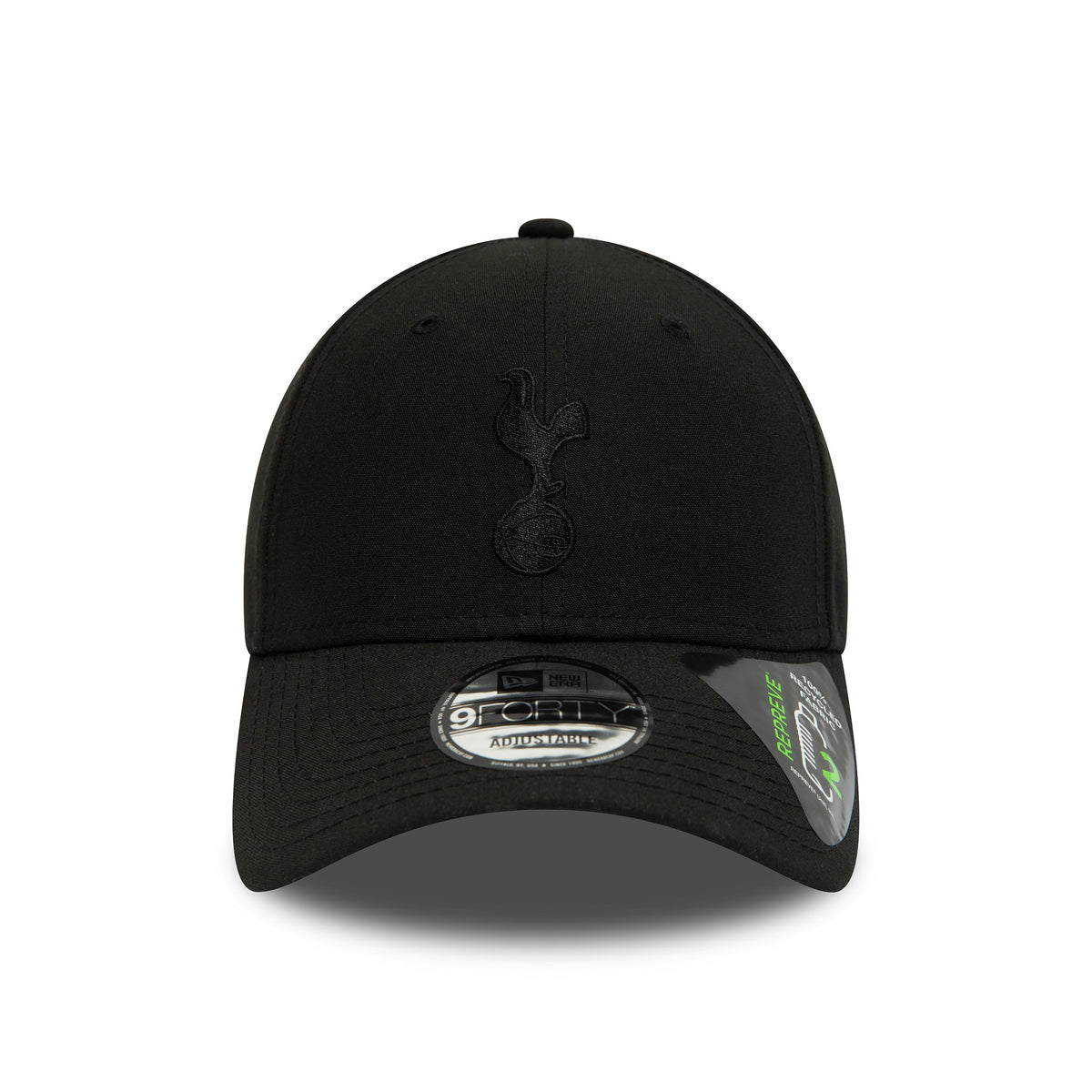 Tottenham Hotspur Repreve Black New Era 9FORTY Adjustable Cap, front view showing the black embroidered Tottenham Hotspur logo on the front panel, with a curved visor featuring a 9FORTY size sticker.