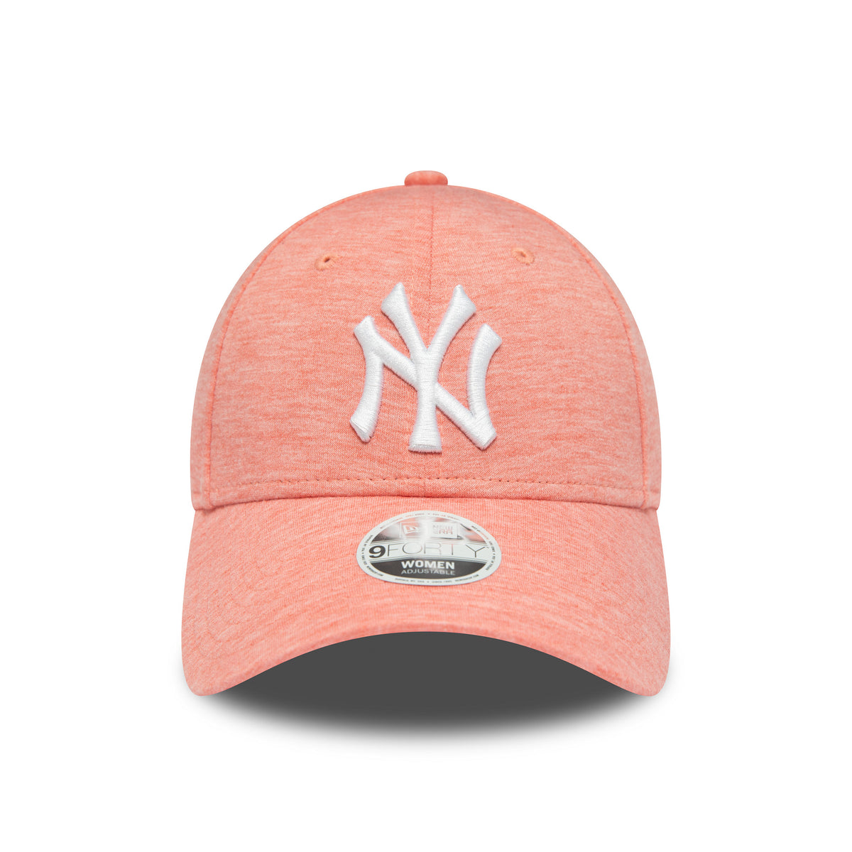 New York Yankees Womens Jersey Pastel Pink New Era 9FORTY Adjustable Cap, front view showing a white raised embroidered NY logo on the crown and a 9FORTY size sticker on the gently curved visor.