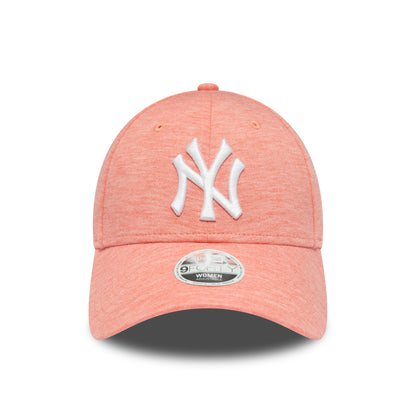 New York Yankees Womens Jersey Pastel Pink New Era 9FORTY Adjustable Cap, front view showing a white raised embroidered NY logo on the crown and a 9FORTY size sticker on the gently curved visor.