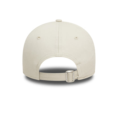 New York Yankees League Essential Stone New Era 9TWENTY Adjustable Cap, rear view showing a stone-coloured strap with metal buckle for adjusting the fit, centred on the unstructured crown with matching top button.
