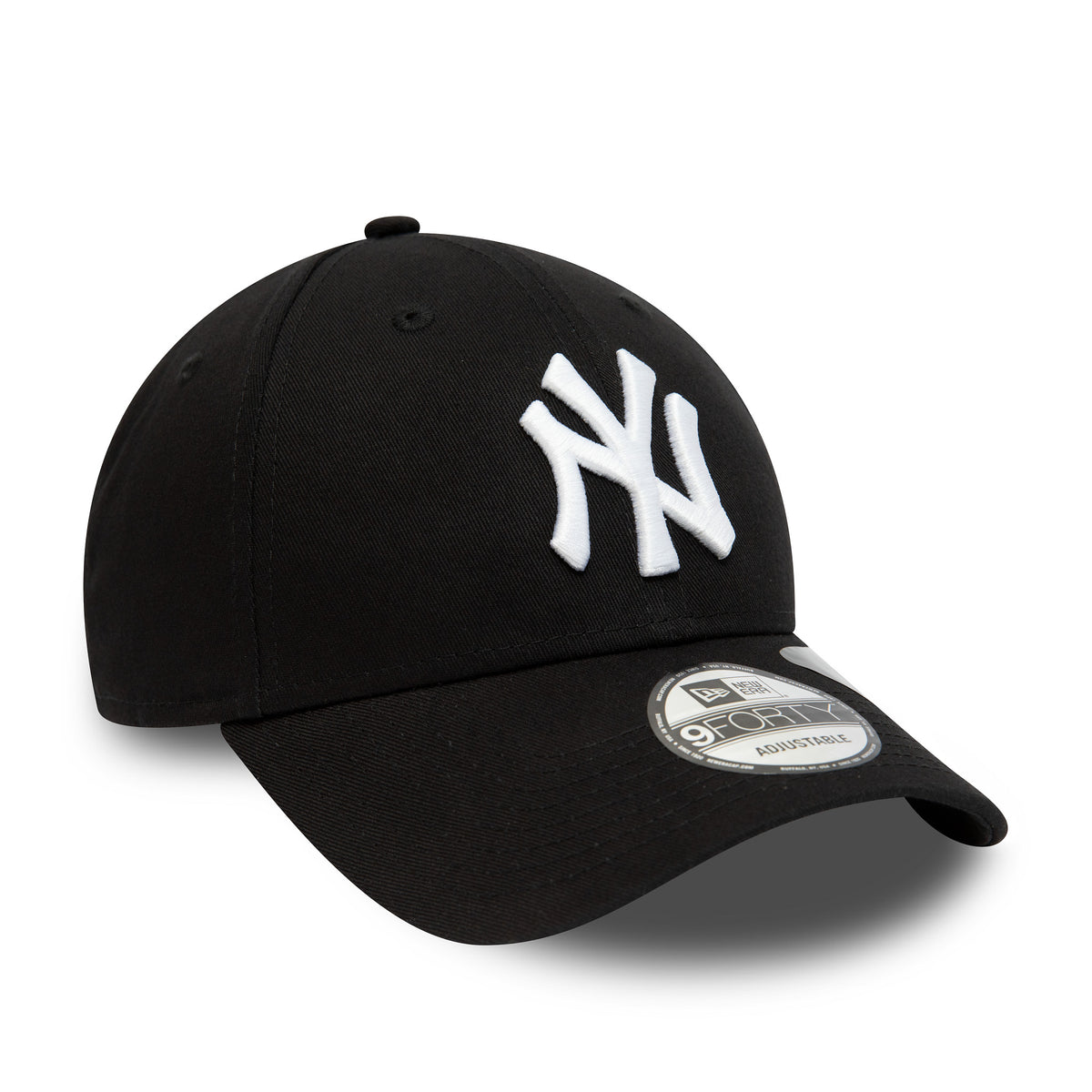 New York Yankees Repreve League Essential Black New Era 9FORTY Adjustable Cap, front view with a raised white embroidered NY logo on the structured black front panel, featuring a 9FORTY size sticker on the curved visor.