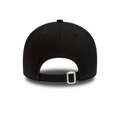 New York Yankees Repreve League Essential Black New Era 9FORTY Adjustable Cap, rear view showing the curved opening and adjustable strap with metal buckle at the back, set against a smooth black crown.