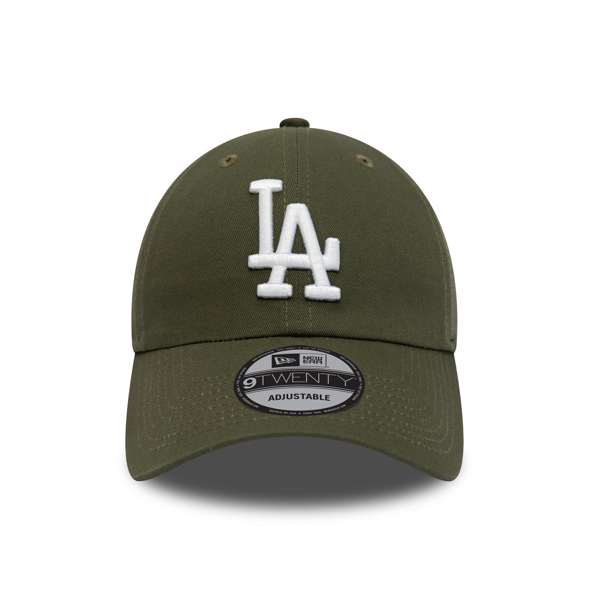 LA Dodgers League Essential Green New Era 9TWENTY Adjustable Cap, front view with raised white LA logo on the front panel and a 9TWENTY size sticker centred on the curved green visor.