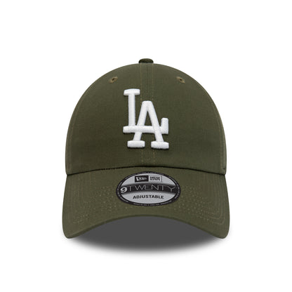 LA Dodgers League Essential Green New Era 9TWENTY Adjustable Cap, front view with raised white LA logo on the front panel and a 9TWENTY size sticker centred on the curved green visor.