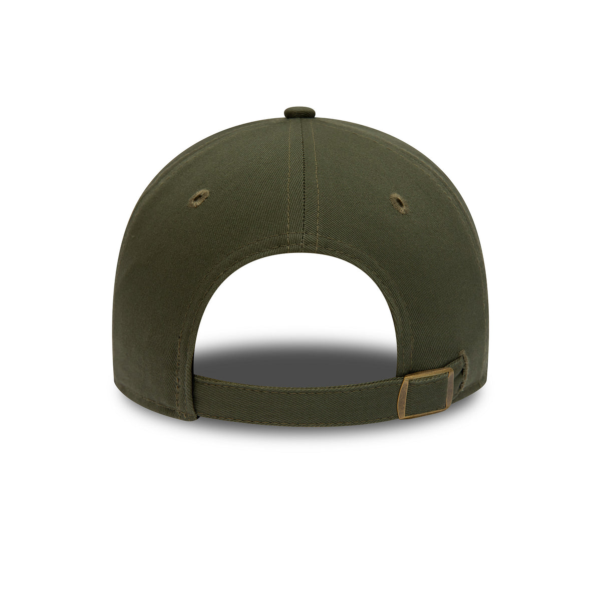 LA Dodgers League Essential Green New Era 9TWENTY Adjustable Cap, rear view showing the olive green adjustable strap with a metal buckle set against the green structured crown, featuring matching embroidered eyelets and a top button.