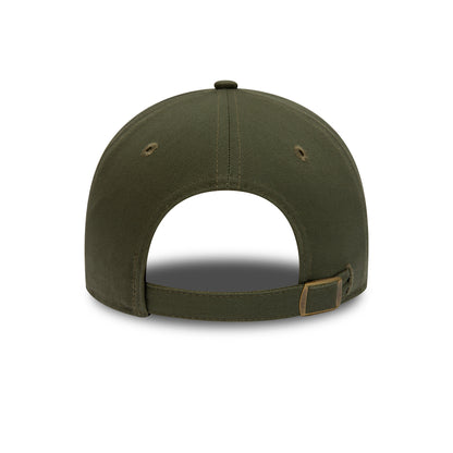 LA Dodgers League Essential Green New Era 9TWENTY Adjustable Cap, rear view showing the olive green adjustable strap with a metal buckle set against the green structured crown, featuring matching embroidered eyelets and a top button.