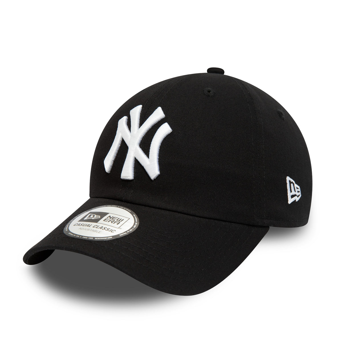 New York Yankees League Essential White On Black New Era 9TWENTY Adjustable Cap, three-quarter view showing a raised white NY logo on the front panel, 9TWENTY size sticker on the black curved visor, and New Era flag logo on the left side.