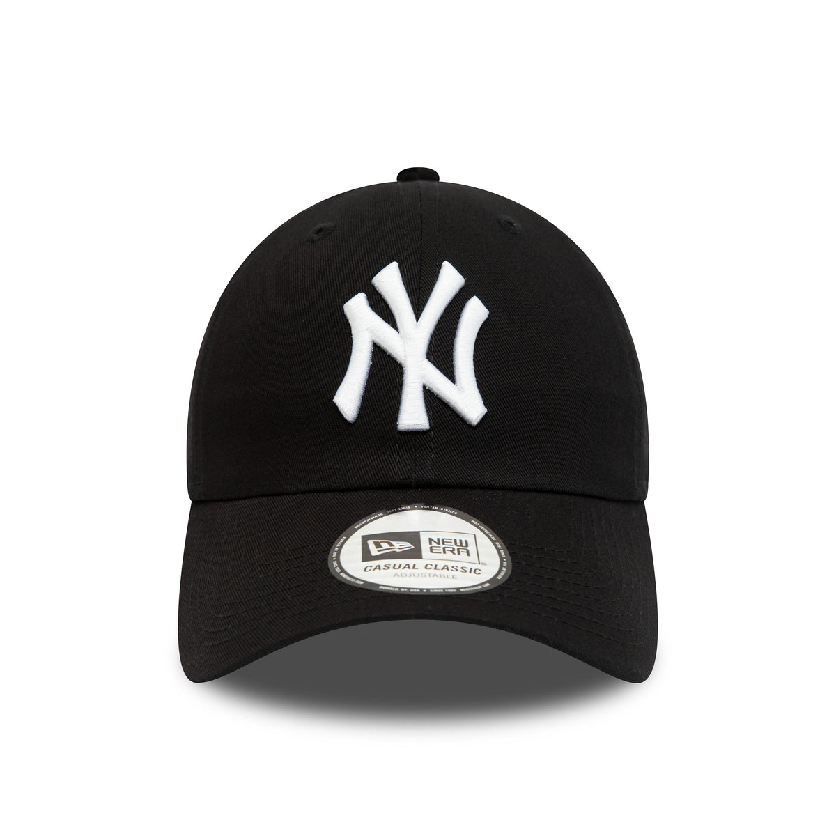 New York Yankees League Essential White On Black New Era 9TWENTY Adjustable Cap, front view showing the white raised embroidered NY logo on the structured black crown, with a 9TWENTY size sticker on the curved visor.