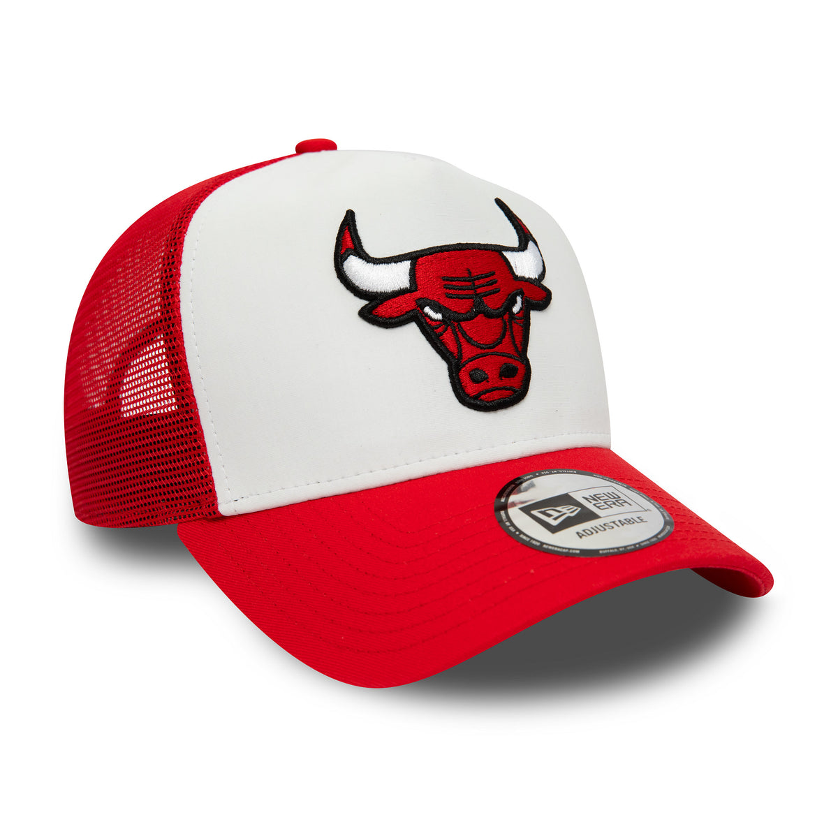 Chicago Bulls Team Colour Red A-Frame Trucker Cap, three-quarter view with raised embroidered red and black bull logo on the front panel, red mesh side panels, red visor, and New Era 9FORTY size sticker on the visor.