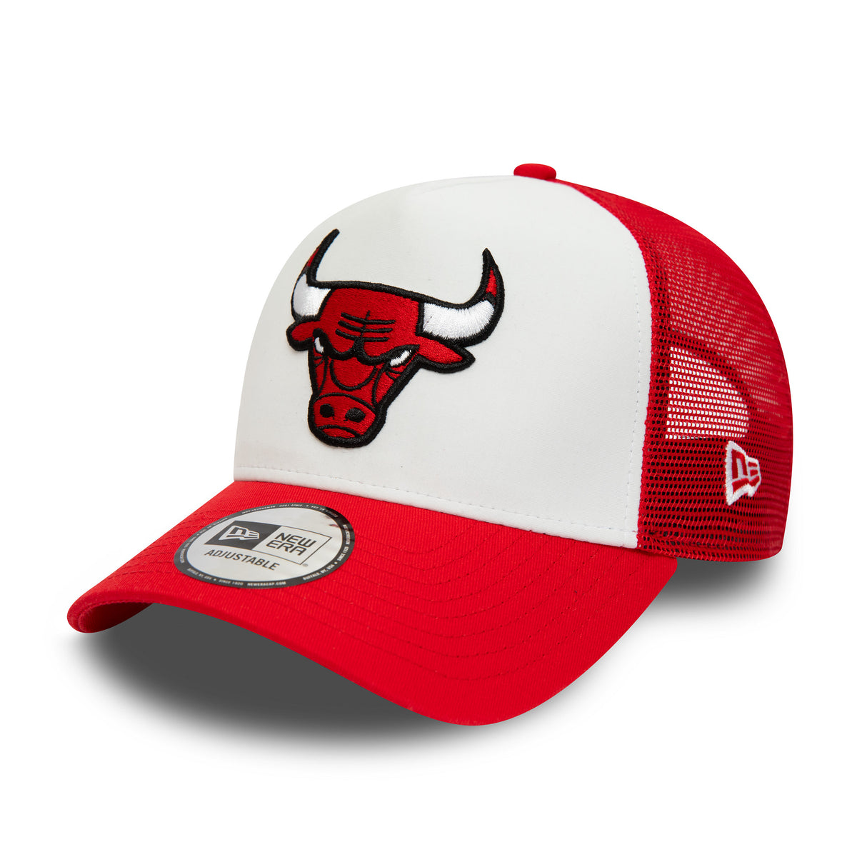 Chicago Bulls Team Colour Red New Era A-Frame Trucker Cap, front view with raised embroidered Bulls logo on the white front panel, red curved visor with 9FORTY size sticker, and New Era flag logo on the red mesh side panel.