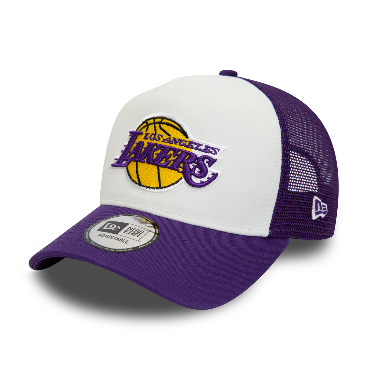 LA Lakers Team Colour Purple New Era A-Frame Trucker Cap, three-quarter view showing the raised embroidered Lakers logo in yellow and purple on the white front panel, with a curved purple visor and a New Era flag logo on the purple mesh side.