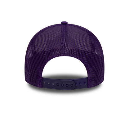LA Lakers Team Colour Purple A-Frame Trucker Cap, rear view showing a purple mesh back with open panels for breathability and an adjustable plastic snapback strap centred at the back of the cap.