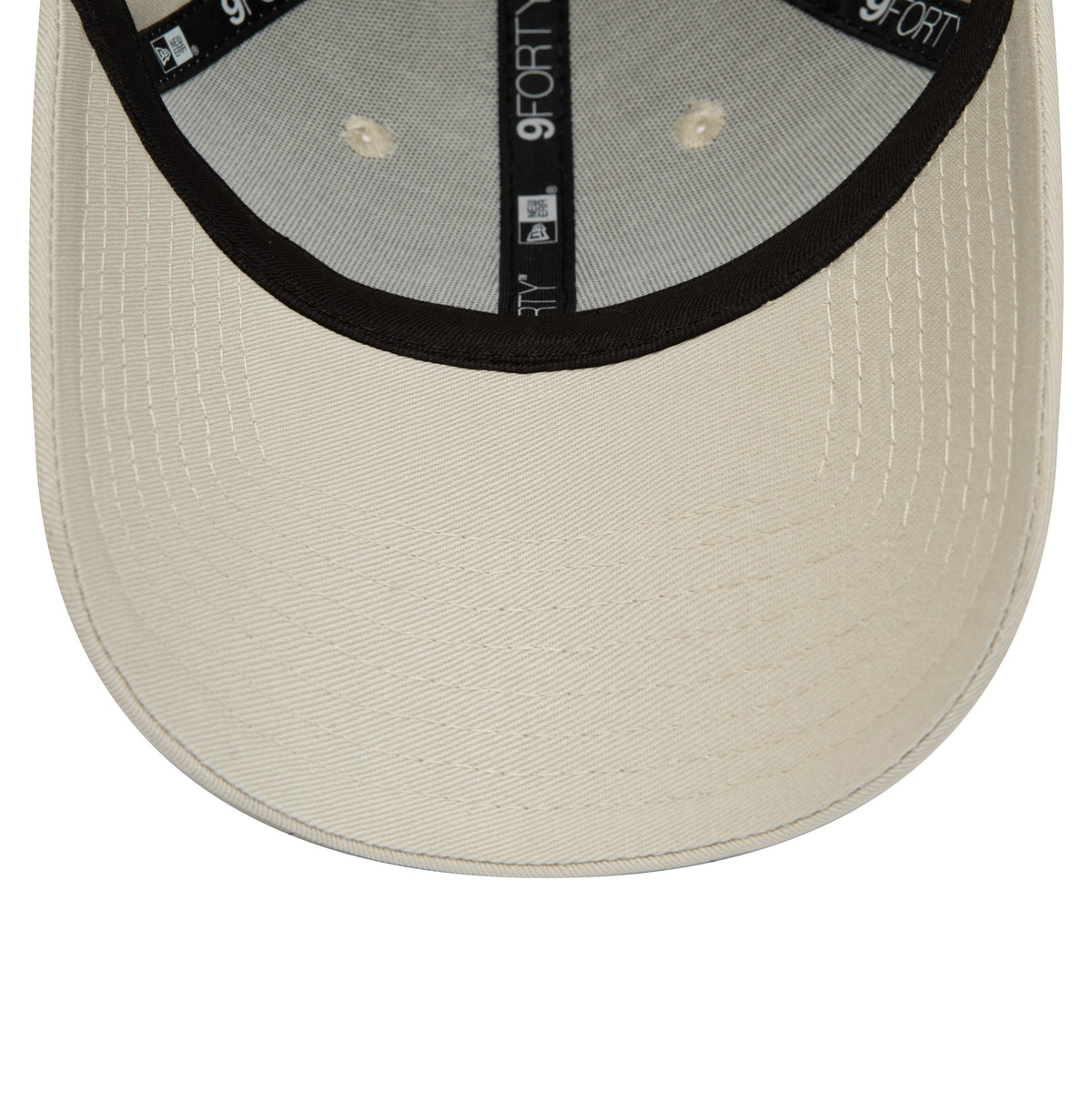 New York Yankees Repreve League Essential Stone New Era 9FORTY Adjustable Cap, inside view showing black 9FORTY taping on the seams, a black sweatband, and a stone-coloured undervisor.