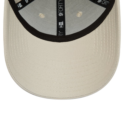 New York Yankees Repreve League Essential Stone New Era 9FORTY Adjustable Cap, inside view showing black 9FORTY taping on the seams, a black sweatband, and a stone-coloured undervisor.