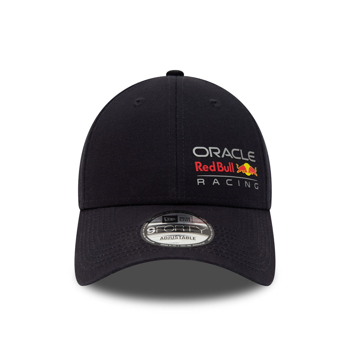 Red Bull Essential Navy New Era 9FORTY Adjustable Cap, front view showing embroidered Oracle Red Bull Racing logo on the front panel, curved visor with 9FORTY size sticker, and matching navy top button and eyelets.