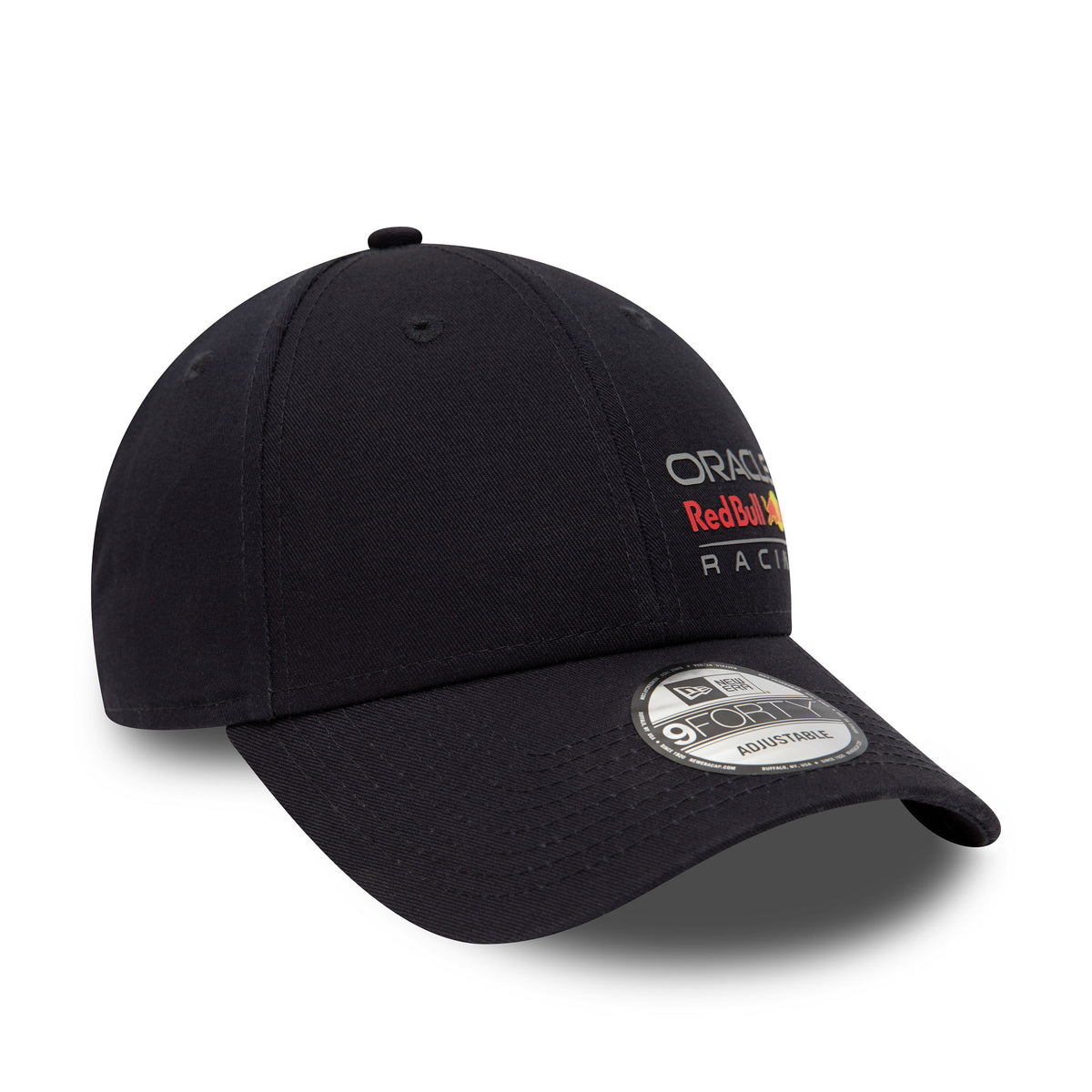 Red Bull Essential Navy New Era 9FORTY Adjustable Cap, front view showing the embroidered Oracle Red Bull Racing logo on the structured navy crown and a 9FORTY size sticker on the curved visor.