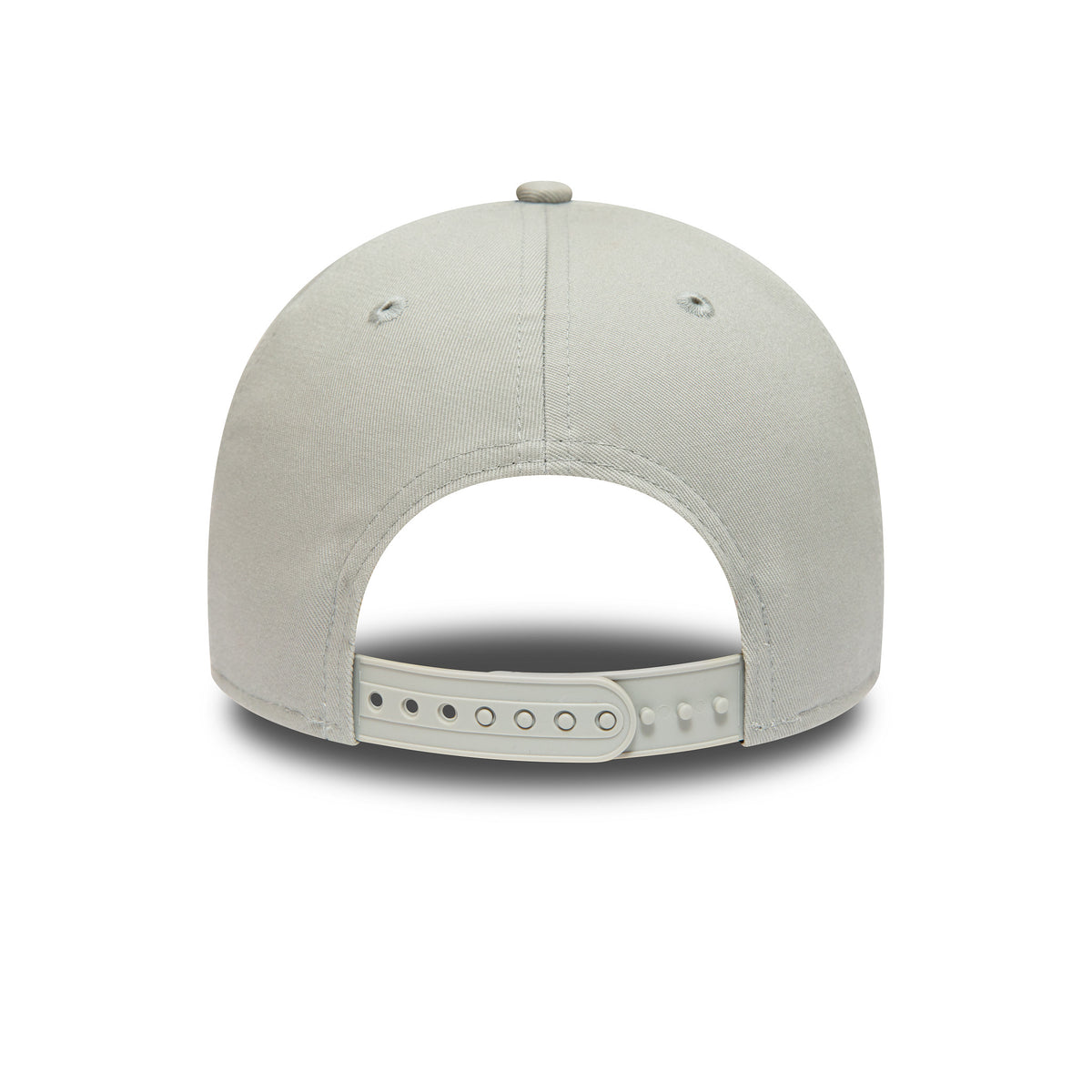Red Bull Essential Grey New Era 9FORTY Adjustable Cap, rear view showing a grey adjustable strap with a plastic snap closure and two grey embroidered eyelets on the structured grey crown.