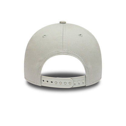 Red Bull Essential Grey New Era 9FORTY Adjustable Cap, rear view showing a grey adjustable strap with a plastic snap closure and two grey embroidered eyelets on the structured grey crown.