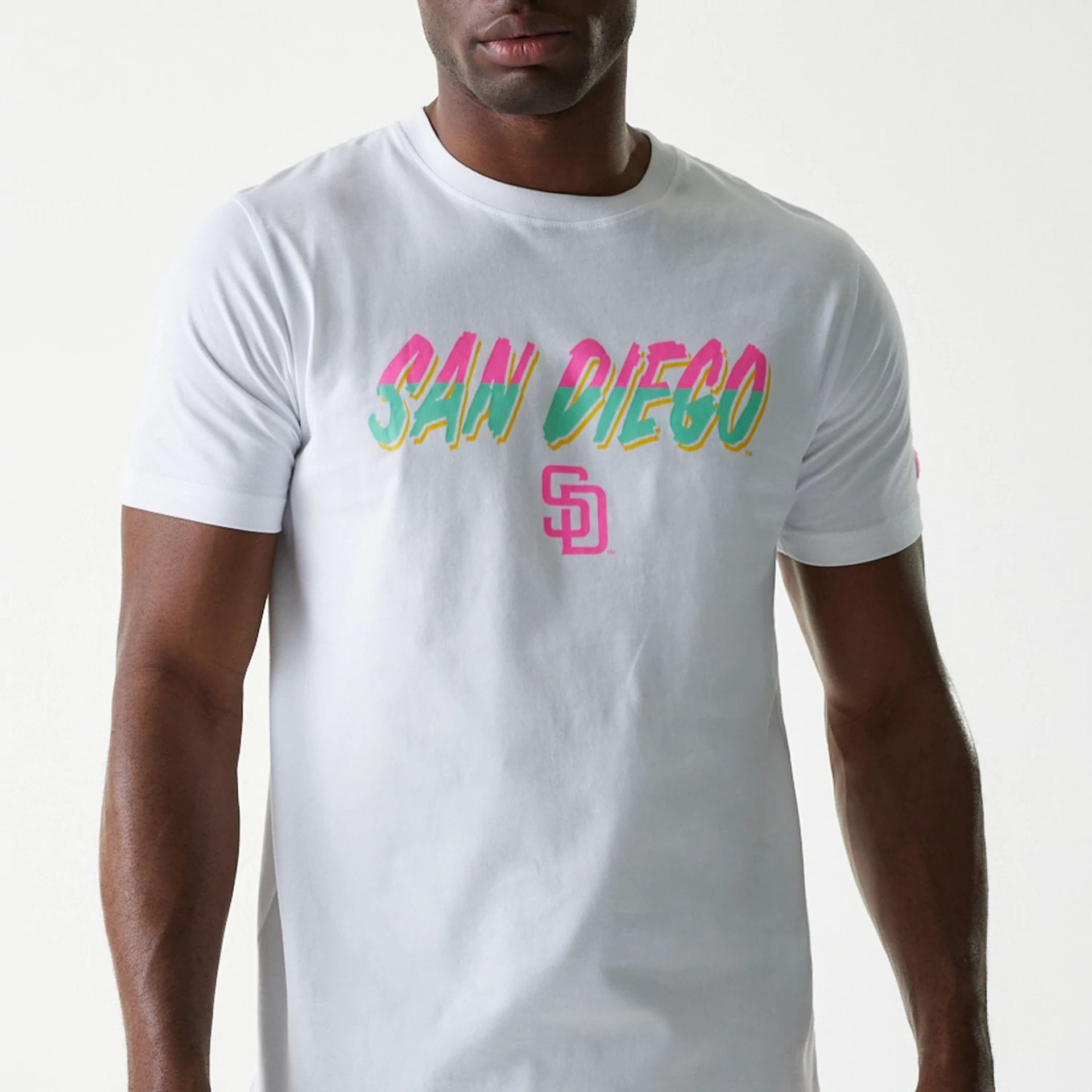 The Male model is wearing San Diego Padres MLB City Connect White T-Shirt 3