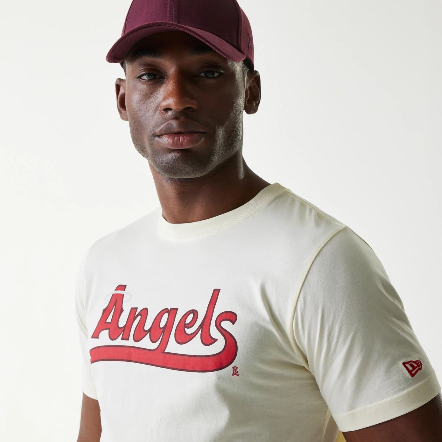 The Male model is wearing LA Angels MLB City Connect Cream T-Shirt 4