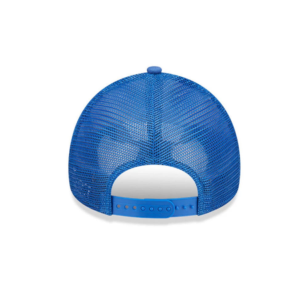 Child DC Superman White New Era 9FORTY A-Frame Trucker Adjustable Cap, rear view showing the blue mesh back panels with a matching blue adjustable strap, and a small top button completing the design.