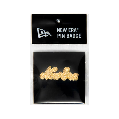 This is a New Era Script Logo Gold Pin Badge 3
