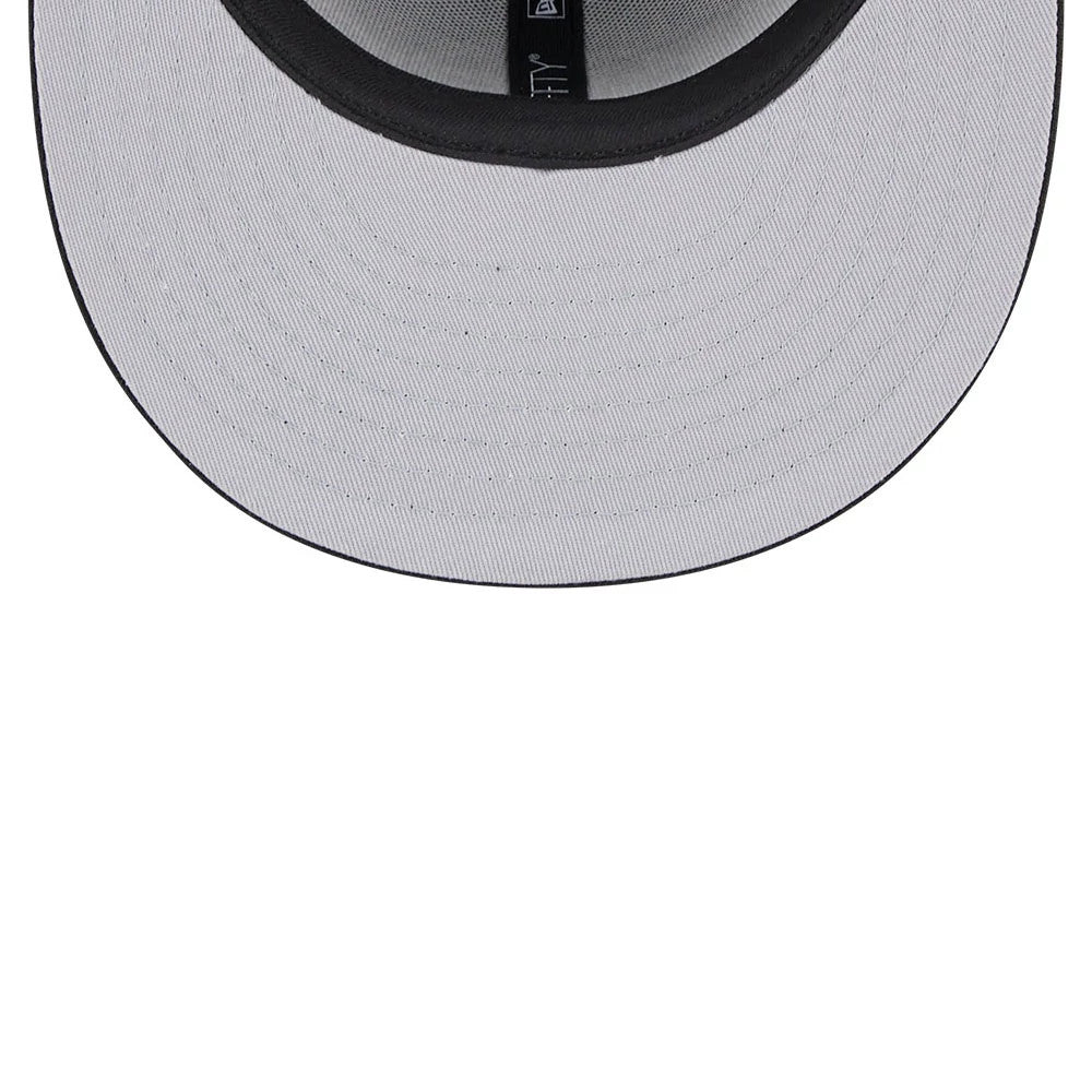 LA Lakers NBA Evergreen Black New Era 59FIFTY Fitted Cap, inside view showing a grey undervisor with black taping, including a black sweatband and the silver and white 59FIFTY sticker on the underside of the visor.