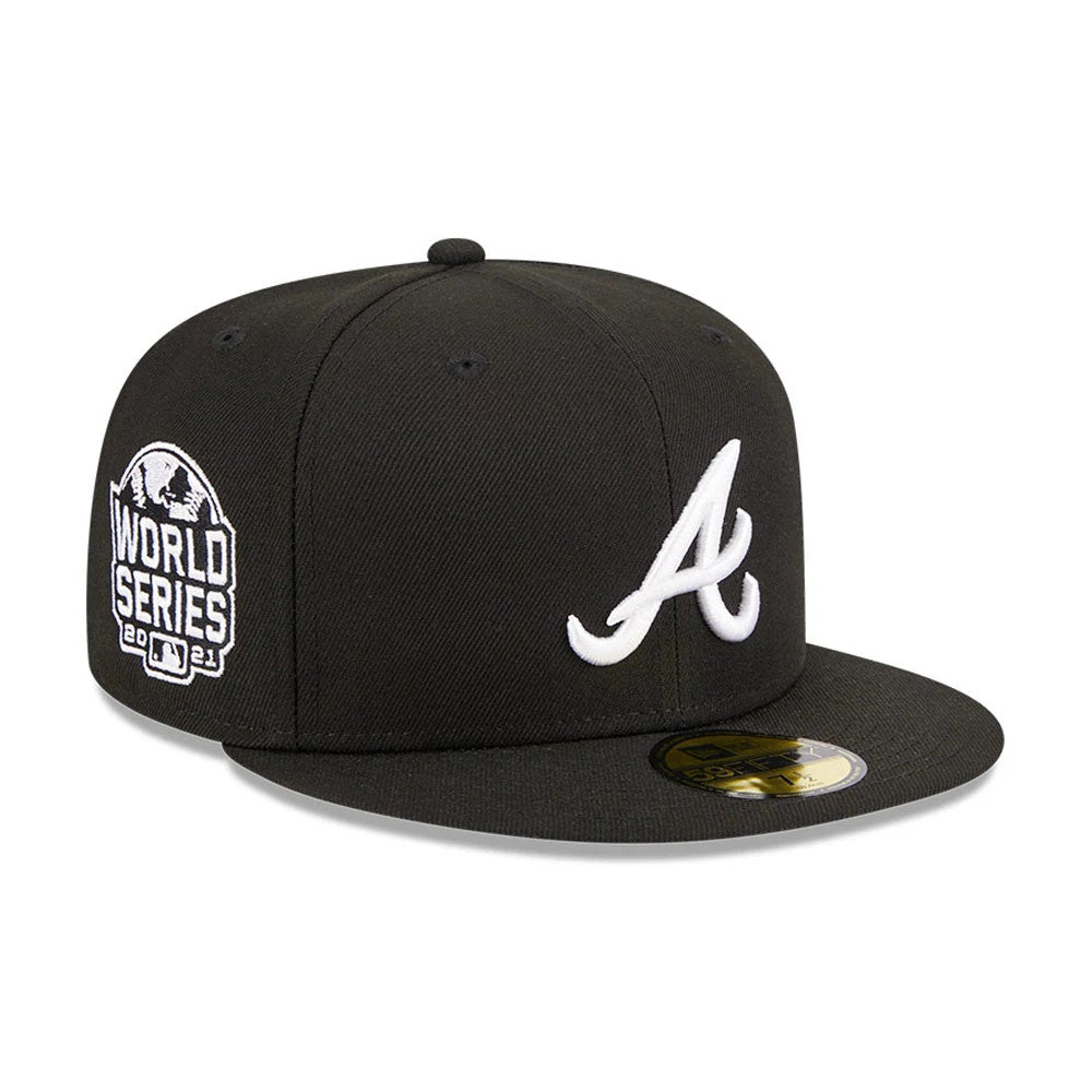 Pictured is this MLB Evergreen Atlanta Braves 59FIFTY Fitted cap in black. 1