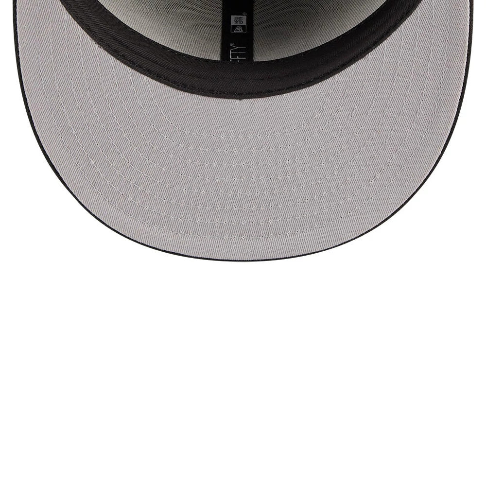 New York Yankees MLB Evergreen Black New Era 59FIFTY Fitted Cap, inside view showing the grey undervisor, black sweatband, white internal taping and part of the 59FIFTY size sticker on the underside of the visor.