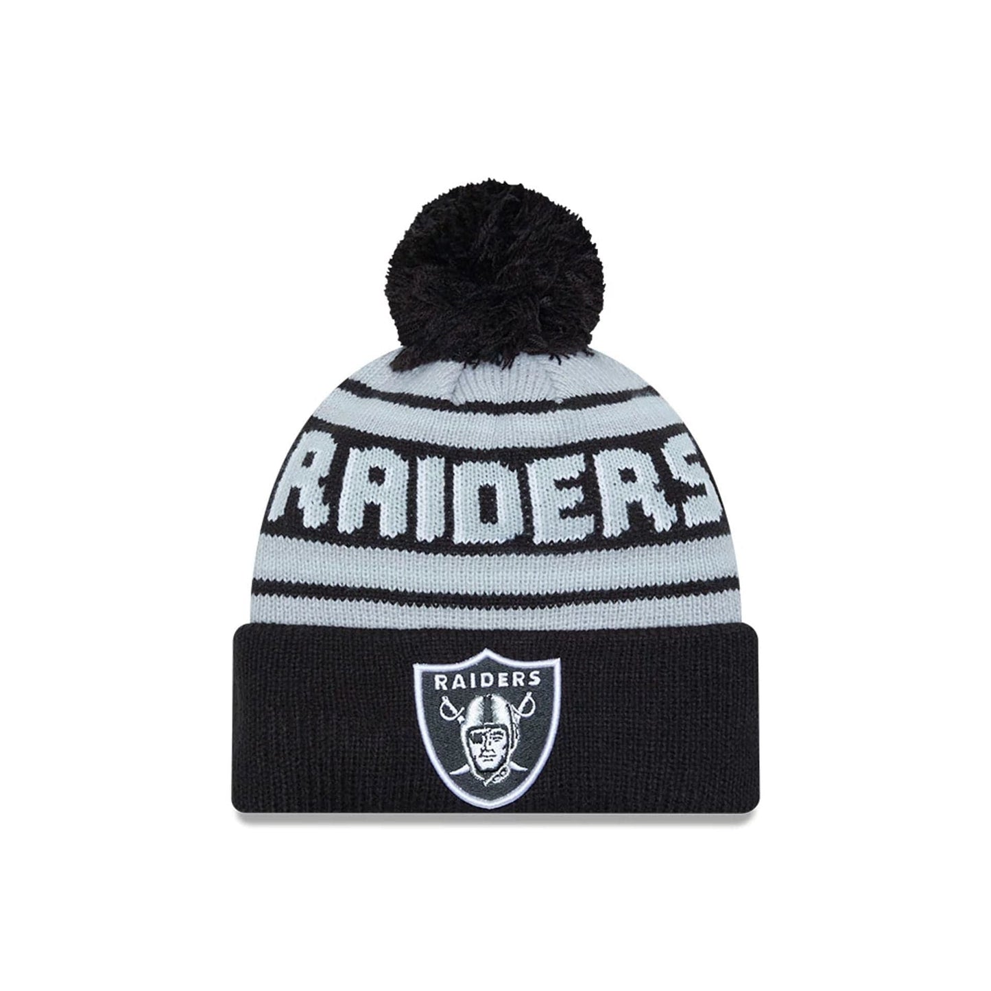 This is a Las Vegas Raiders NFL Pom Wordmark Black Bobble Knit Beanie Hat 1