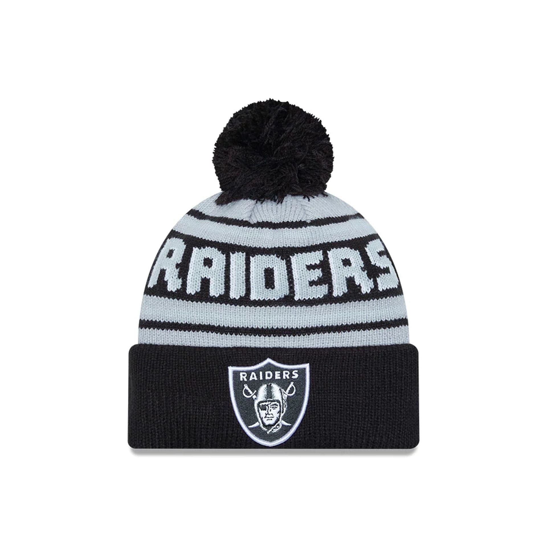 This is a Las Vegas Raiders NFL Pom Wordmark Black Bobble Knit Beanie Hat 1