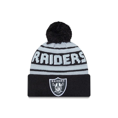This is a Las Vegas Raiders NFL Pom Wordmark Black Bobble Knit Beanie Hat 1